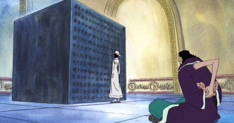 Nico Robin membaca Poneglyph di Alabasta. (Toei Animation/One Piece)