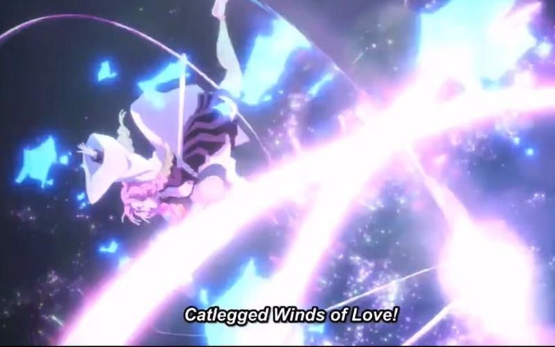 Teknik Pernapasan Cinta, Bentuk Keenam: Cat-Legged Winds of Love (dok. Ufotable/Demon Slayer: Kimetsu no Yaiba)