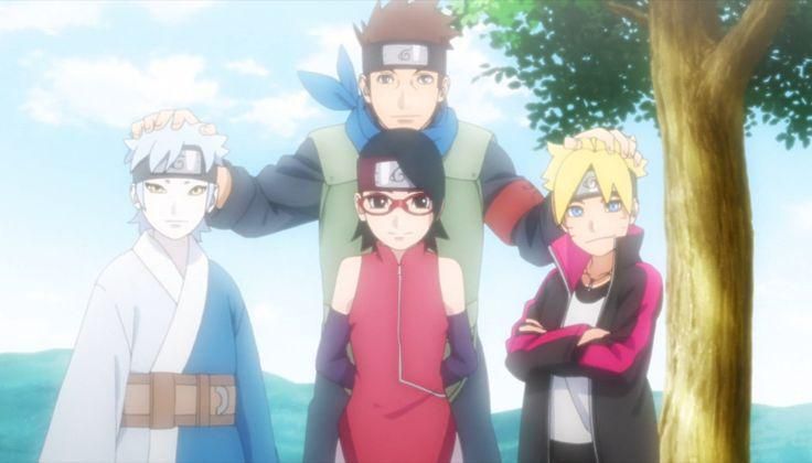 Foto tim 7 Konohamaru yang beranggotakan Mitsuki, Sarada, dan Boruto  (dok. Pierrot/Boruto: Naruto Next Generation)