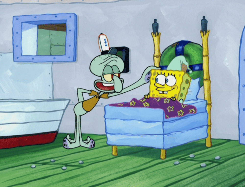 Squidward bahagia karena SpongeBob menginap di Krusty Krab (dok. Nickelodeon/SpongeBob SquarePants)