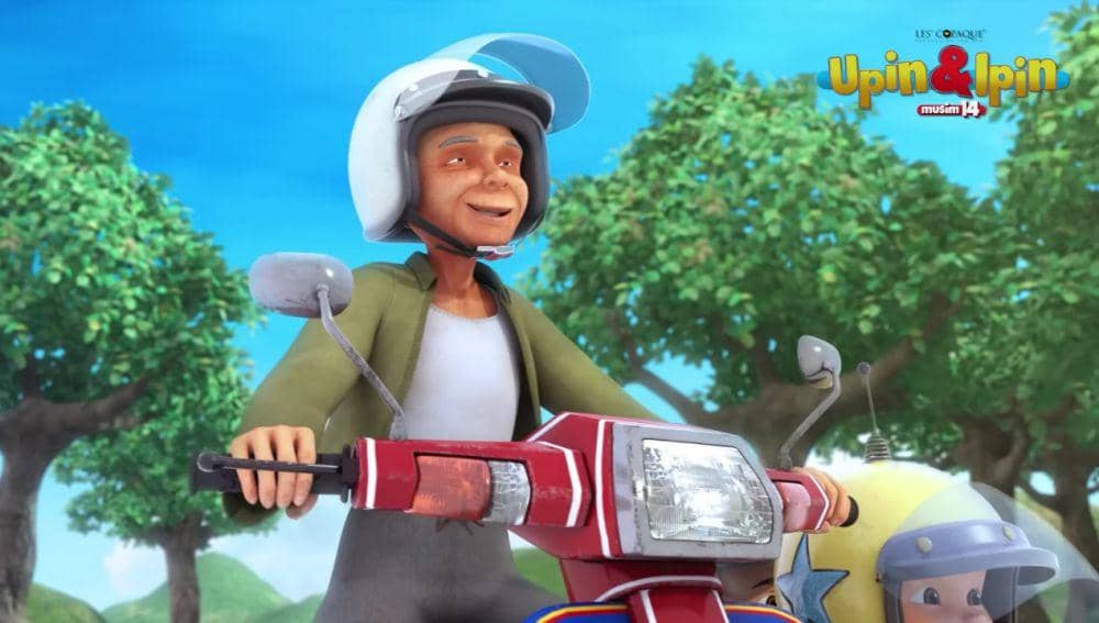 Upin dan Ipin naik motor bersama Tok Dalang (youtube.com/Les' Copaque Production)