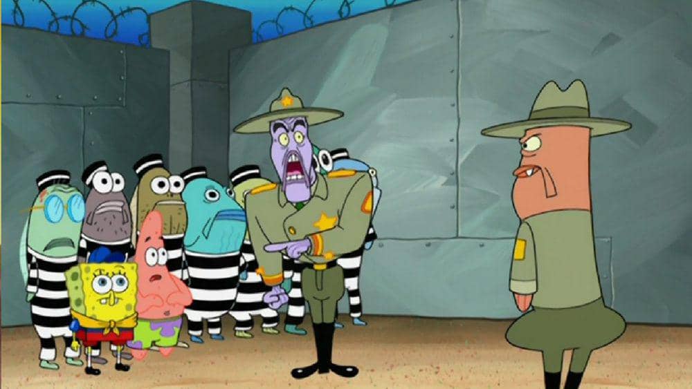 SpongeBob dan Patrick bergabung dengan para tahanan di Pulau Inferno (dok. Nickelodeon/SpongeBob SquarePants)