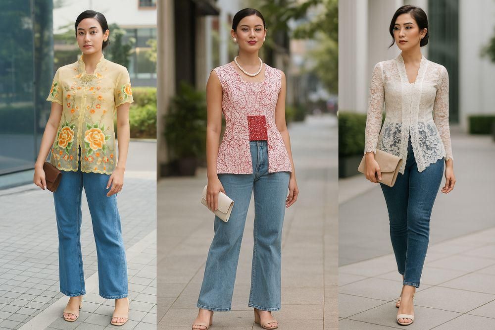 15 Inspirasi Padu Padan Kebaya dan Celana Jeans buat Kamu Tampil Modis 