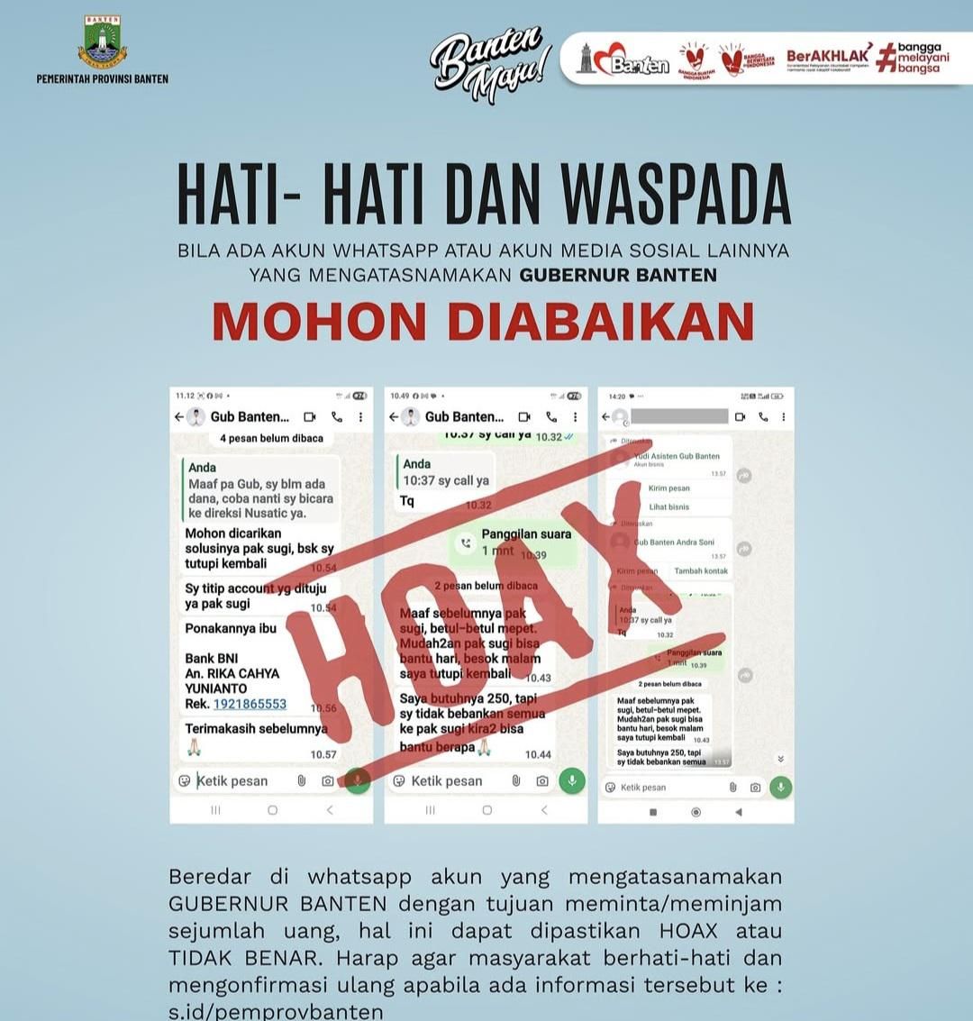 Beredar WhatsApp Palsu Atas Nama Gubernur Banten Pinjam Uang ke Korban