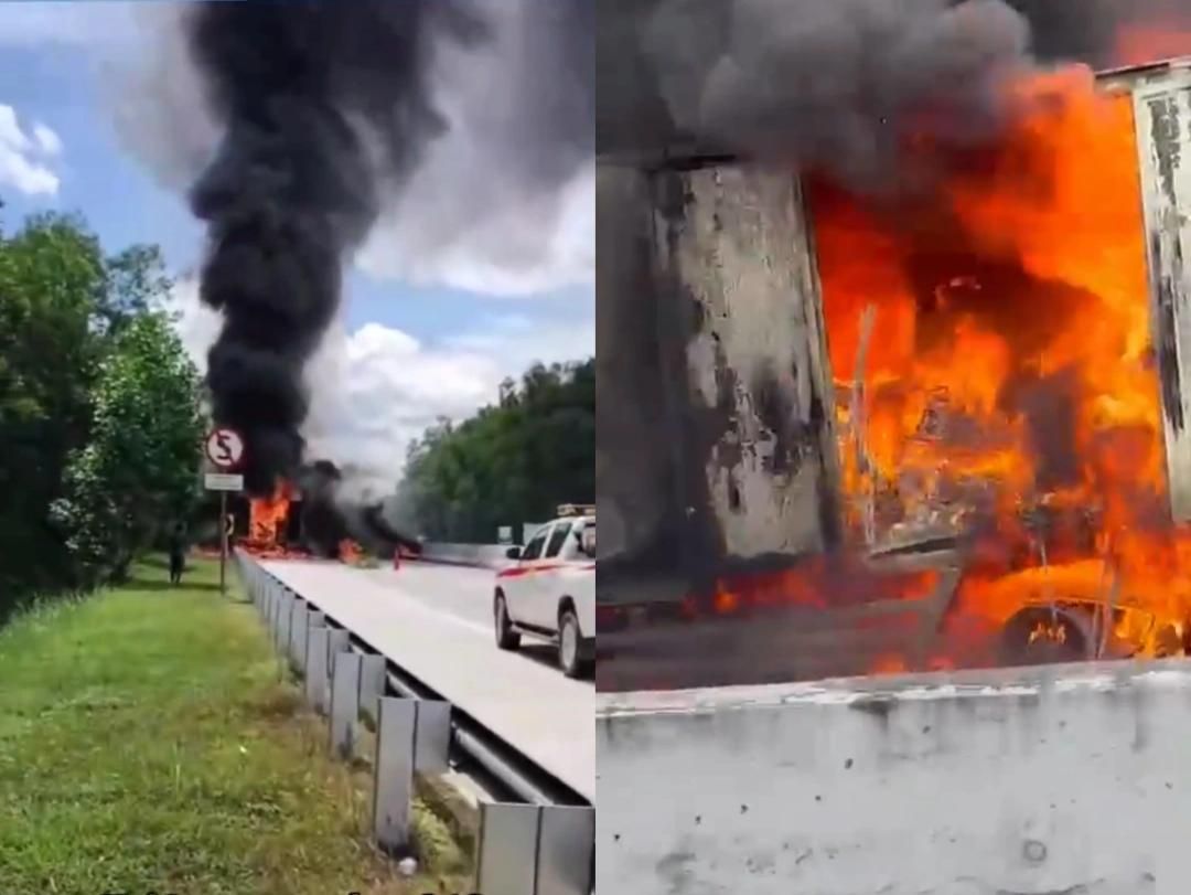 Truk Kontainer Ekspedisi Terbakar Hebat di Jalan Tol Ruas Terpeka