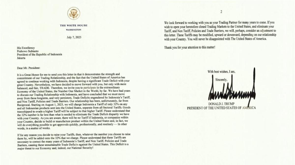 Isi Lengkap Surat Trump ke Prabowo soal Tarif 32 Persen