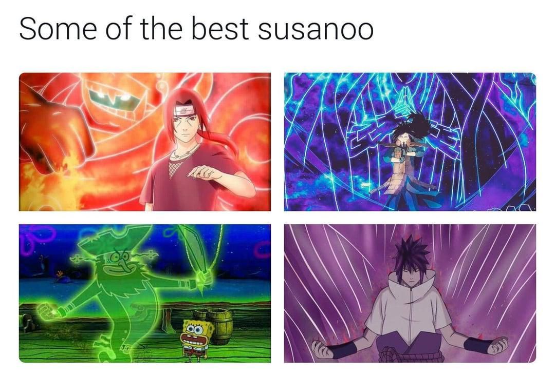 8 Meme SpongeBob dan Naruto, Sasuke kok Jadi Warna Kuning?