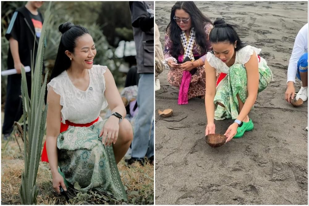 10 Potret Yura Yunita Menanam Pandan di Parangtritis, Seru!
