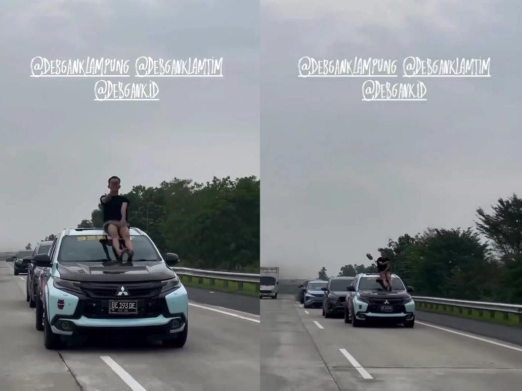 Nekat! Pria Lampung Ngonten Tren Aura Farming Pakai Pajero di Tol