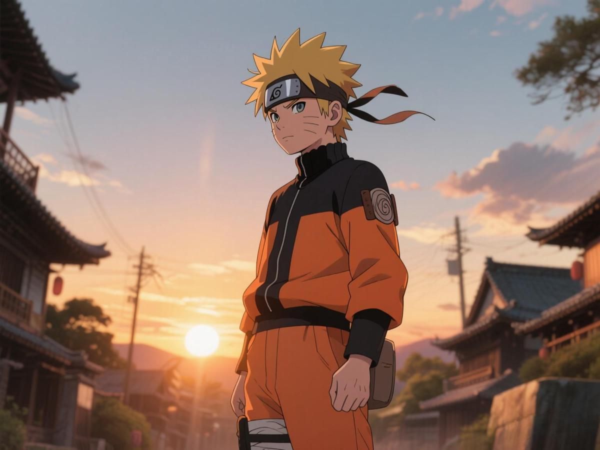 Naruto Uzumaki berdiri di tebing dengan latar senja, simbol kegigihan dan perjuangan hidup.