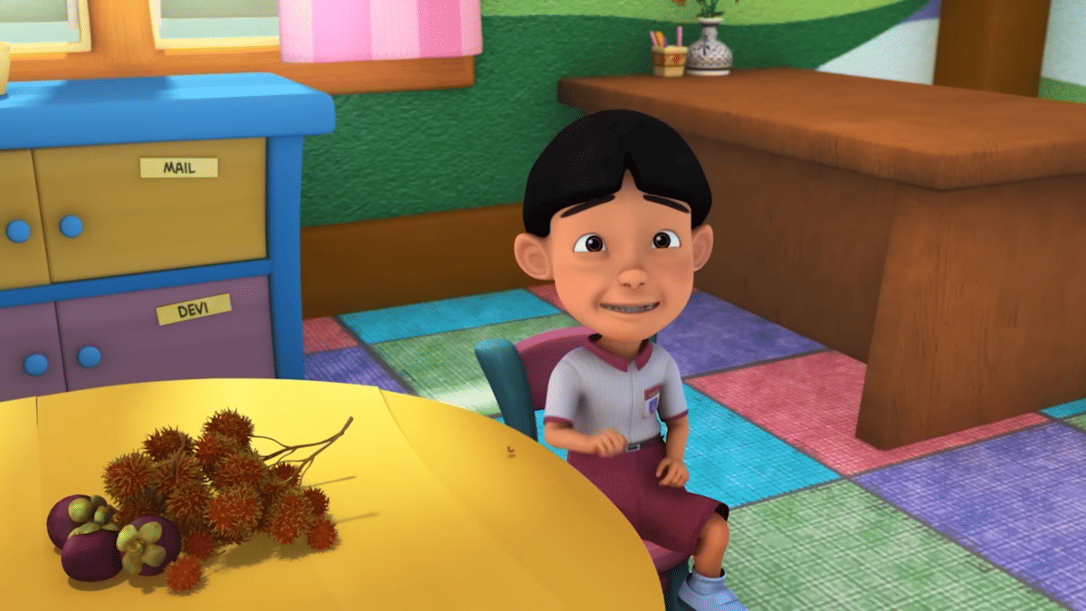 Potret Mail dalam episode "Hasil Tempatan" di serial Upin dan Ipin.