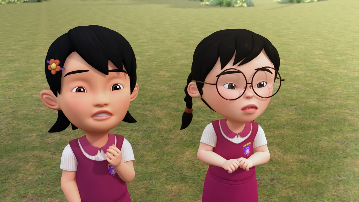 Potret Susanti dan Mei Mei dalam episode "Keselamatan dan Kecekapan Tenaga" dalam serial Upin & Ipin. 