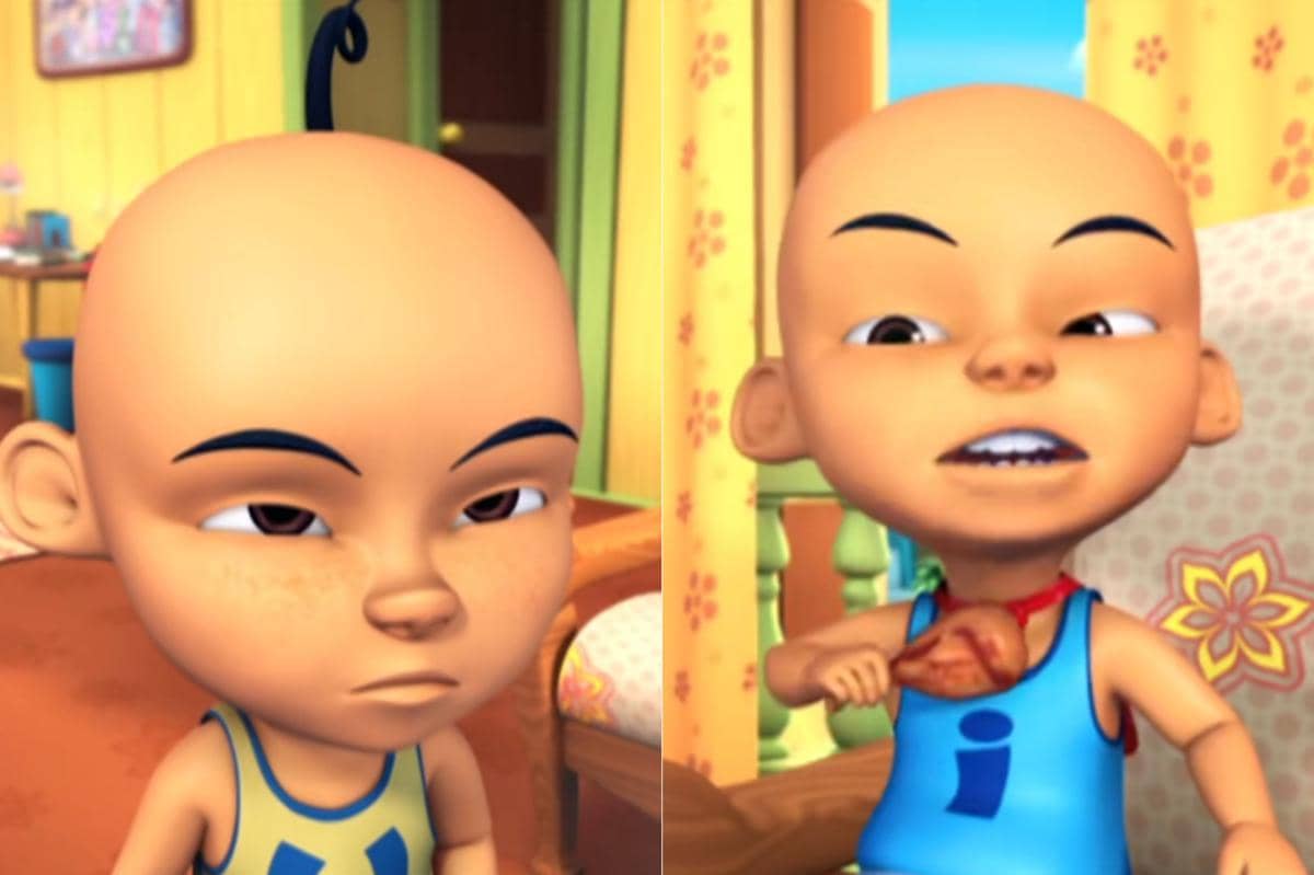 Ipin enggan berbagi makanan miliknya pada Upin 
