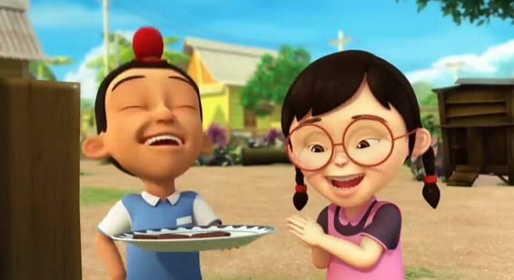 Jarjit dan Mei Mei mencicipi dodol ketika teman-temannya berpuasa. 