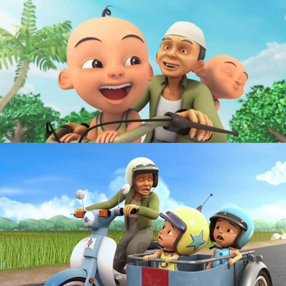 Tok Dalang mengajak Upin dan Ipin keliling kampung menaiki sepeda dan motor.