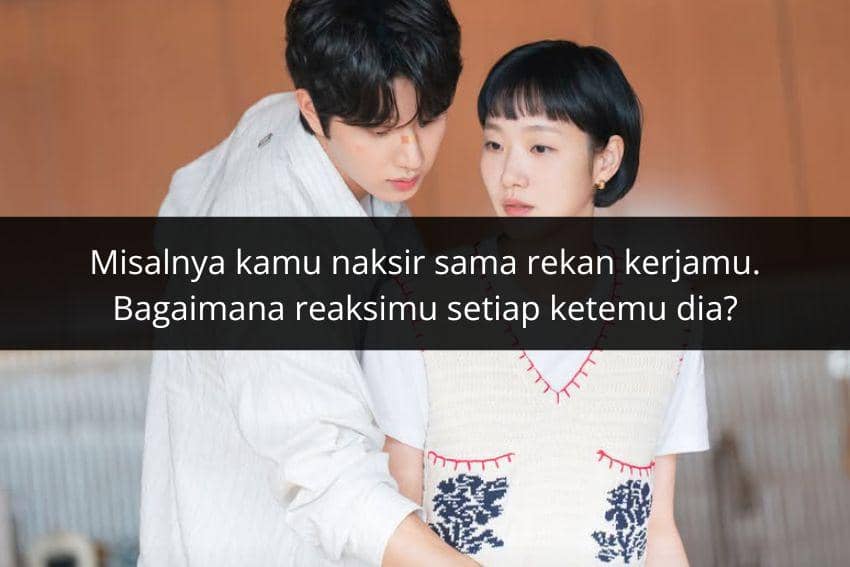 Seorang pria dan wanita berdiri berdekatan di ruangan dengan ekspresi serius, menggambarkan suasana canggung antara rekan kerja.