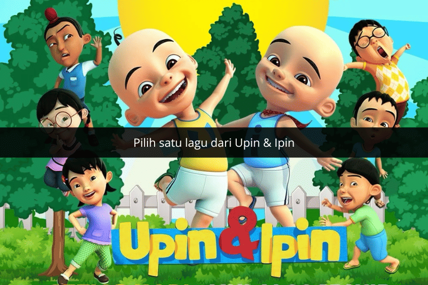 Karakter animasi Upin dan Ipin bersama teman-teman mereka tersenyum ceria di taman dengan latar matahari dan pepohonan.