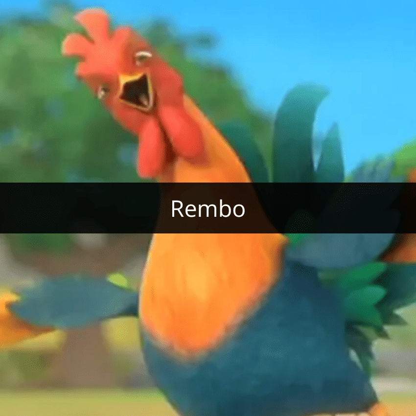 Ayam jantan animasi berwarna oranye dan biru dengan ekspresi ceria di latar belakang taman hijau cerah.