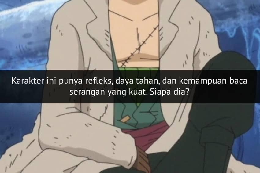 Karakter anime One Piece mengenakan mantel panjang berwarna terang dengan bekas jahitan di dada dan duduk bersandar di latar biru.
