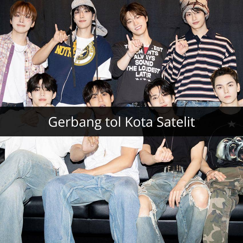 Delapan pria muda berpose santai di atas sofa dengan pakaian kasual, sebagian mengenakan kaus dan celana jeans robek.