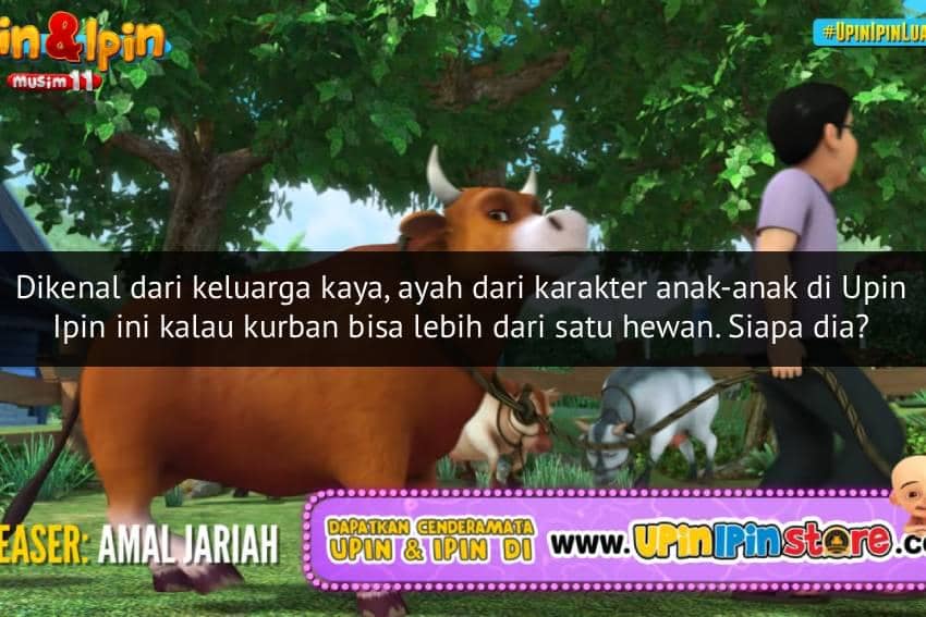 Karakter animasi dari serial Upin Ipin sedang membawa sapi dan kambing di area hijau dengan latar pepohonan dan langit cerah.