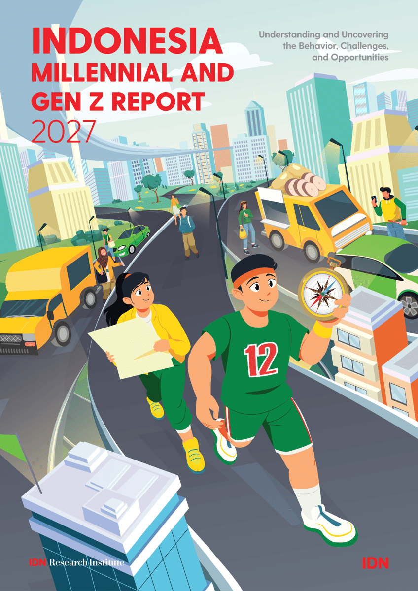 Ilustrasi dua anak muda berjalan di jalan kota dengan latar gedung tinggi, satu membawa peta dan satu memegang kompas, mewakili generasi milenial dan Gen Z Indonesia.