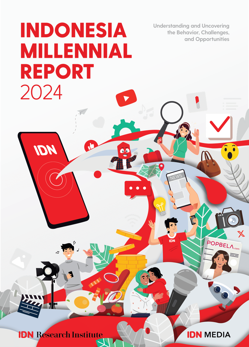 Sampul laporan Indonesia Millennial Report 2024 dengan ilustrasi generasi muda, teknologi digital, dan berbagai ikon media sosial.
