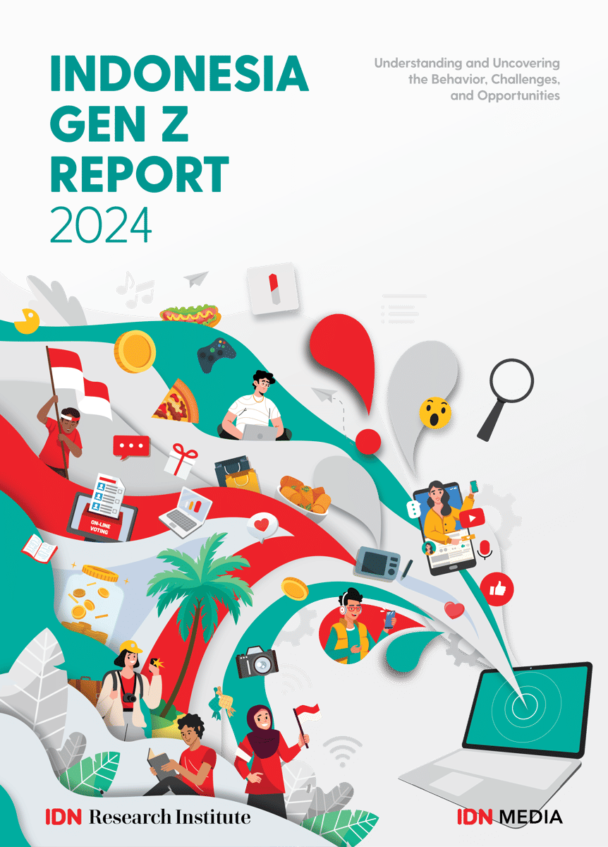 Sampul laporan Indonesia Gen Z Report 2024 dengan ilustrasi anak muda, teknologi digital, media sosial, dan simbol budaya Indonesia.