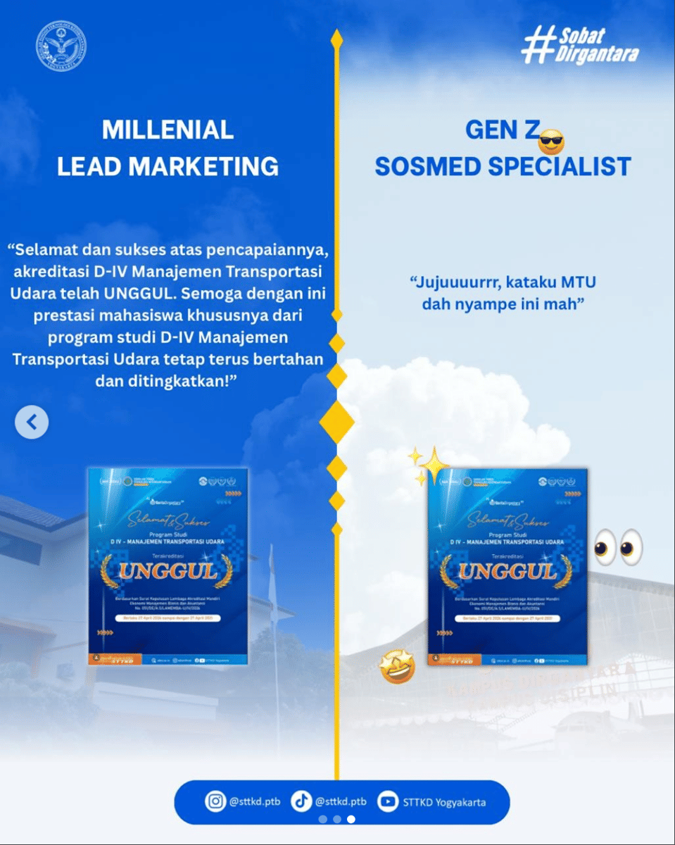 Perbandingan gaya komunikasi antara milenial dan Gen Z dalam promosi akreditasi unggul program studi Manajemen Transportasi Udara STTKD Yogyakarta.
