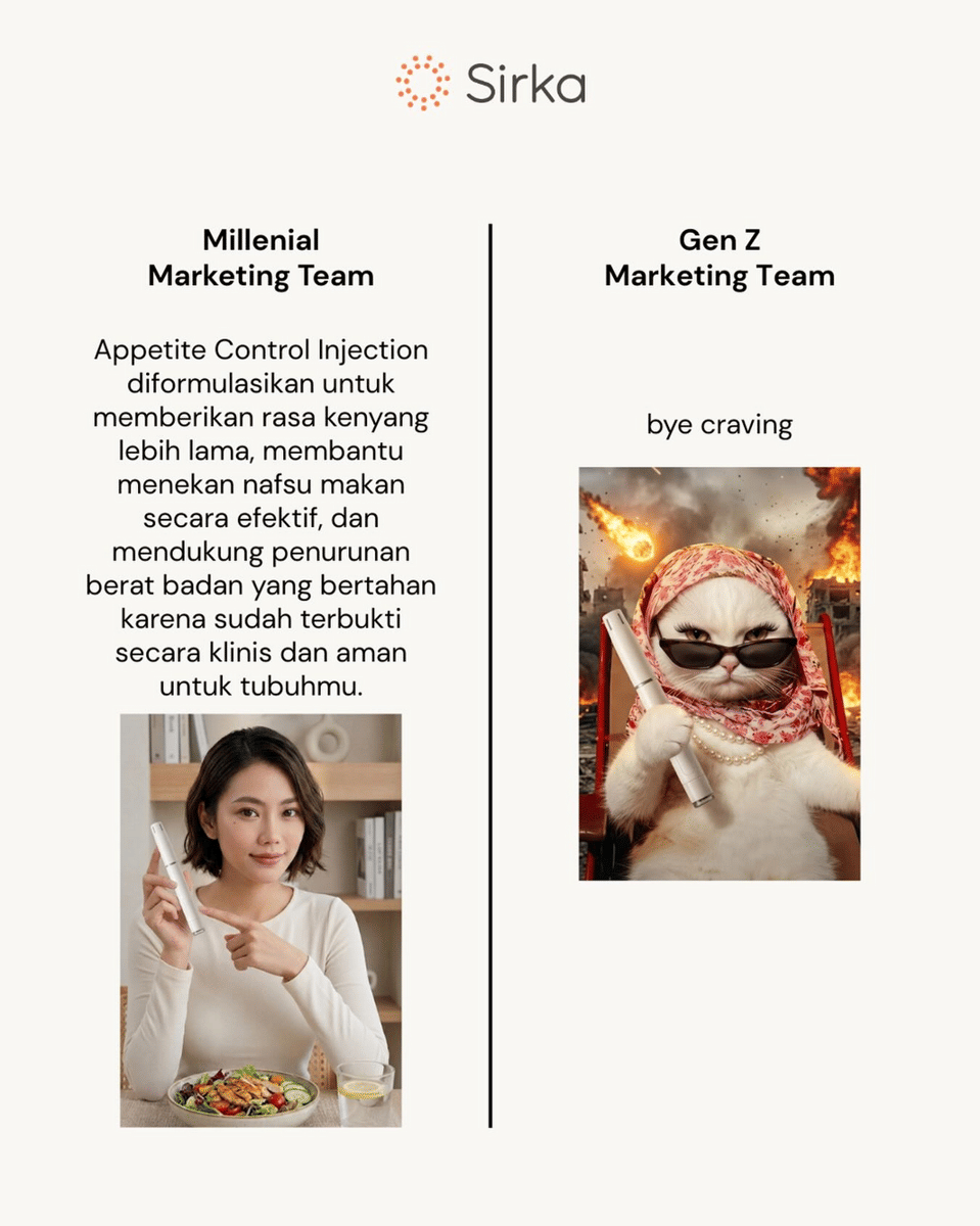 Perbandingan gaya tim marketing Milenial dan Gen Z, menampilkan wanita dengan alat injeksi dan kucing bergaya dengan latar ledakan.