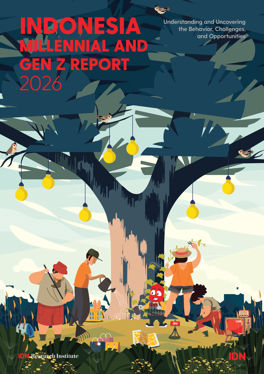 Ilustrasi sampul laporan Indonesia Millennial and Gen Z Report 2026 dengan sekelompok anak muda berkegiatan di bawah pohon besar.