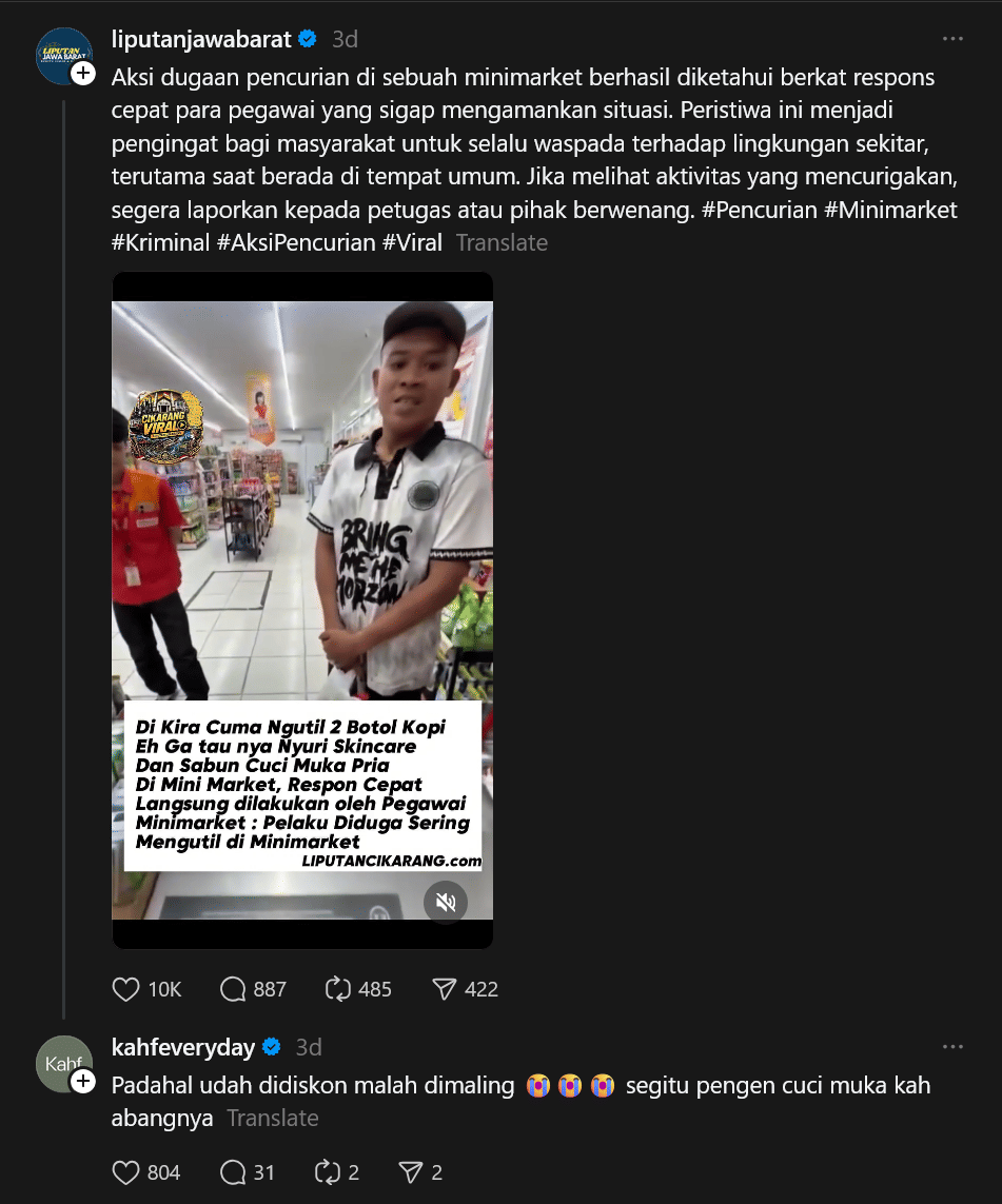 Tangkapan layar unggahan media sosial tentang dugaan pencurian di minimarket dengan seorang pria mengenakan kaus putih dan topi berbicara di dalam toko.