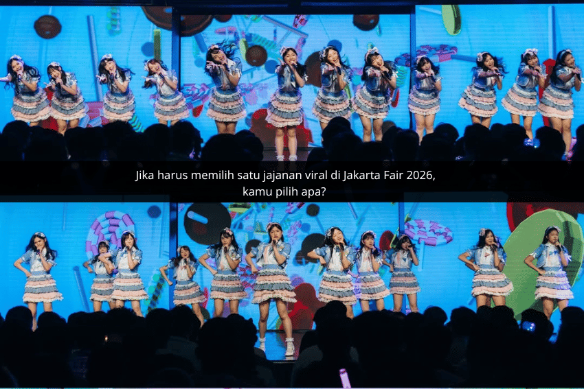Penampilan grup idola wanita Team Love JKT48 di atas panggung dengan kostum berwarna pastel di depan penonton yang ramai.