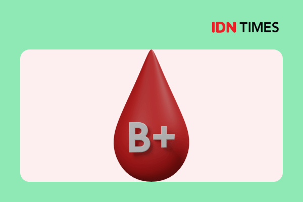 Ilustrasi tetesan darah berwarna merah dengan simbol B+ di tengah, menggambarkan golongan darah B positif.