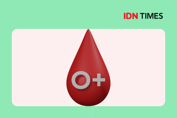 Ilustrasi tetes darah berwarna merah dengan simbol O positif di tengah, menggambarkan golongan darah O+ di latar hijau muda.