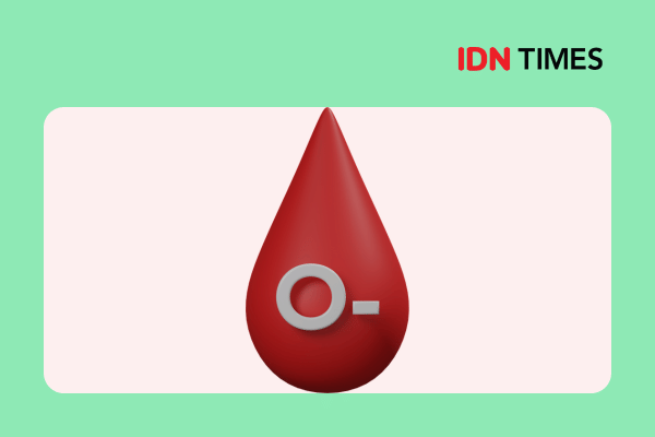 Ilustrasi tetesan darah berwarna merah dengan simbol golongan darah O negatif di tengah latar berwarna hijau muda.