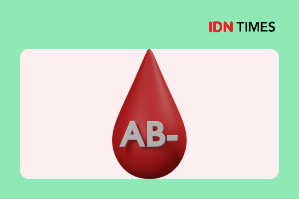 Ilustrasi tetesan darah berwarna merah dengan tulisan AB- di tengah, melambangkan golongan darah AB negatif.