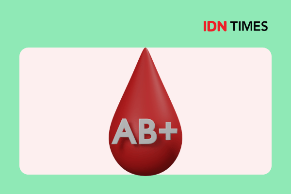 Ilustrasi tetes darah berwarna merah dengan simbol AB+ di tengah, menggambarkan golongan darah AB positif.