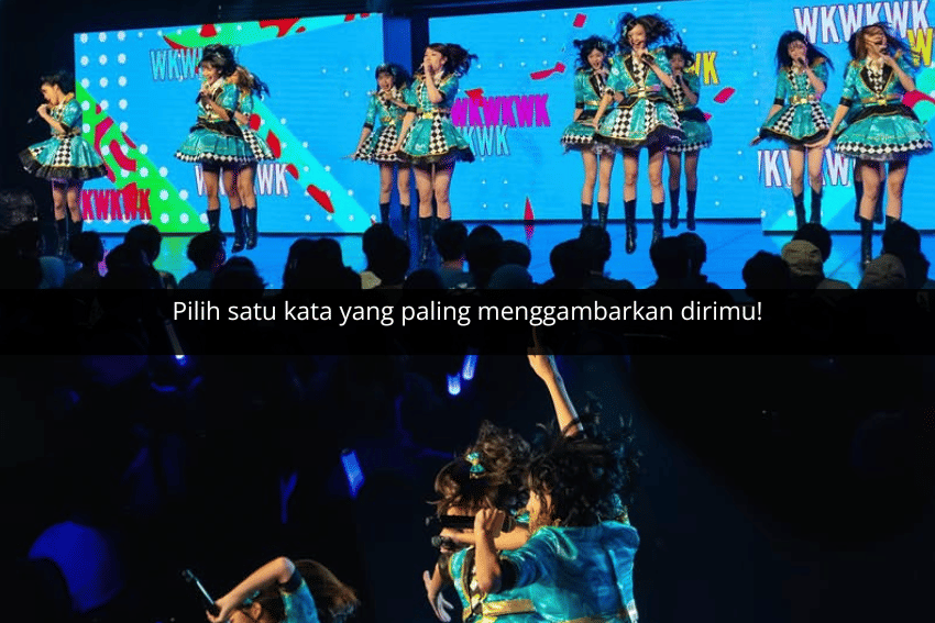 Anggota Tim Dream JKT48 tampil di atas panggung dengan kostum biru-hijau cerah di depan layar besar bertuliskan WKWKWK dan penonton yang antusias.