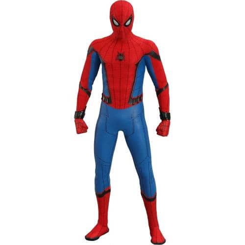 Kostum Spider-Man berwarna merah dan biru dengan motif jaring laba-laba serta lambang laba-laba di bagian dada.