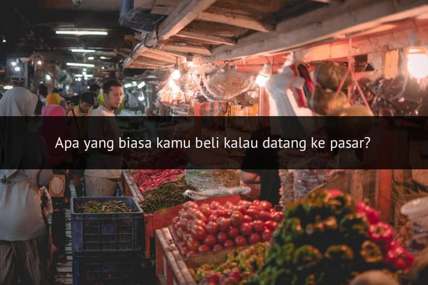Ilustrasi pasar yang menggambarkan suasana aktivitas jual beli serta kehidupan ekonomi masyarakat sehari-hari.
