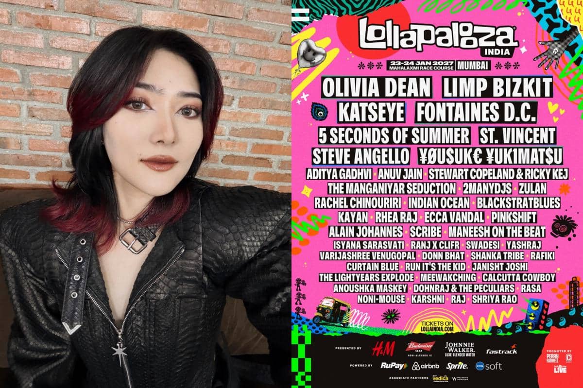 Isyana Sarasvati sedang berpenampilan di panggung Lollapalooza India 2027 dengan latar skyline Mumbai