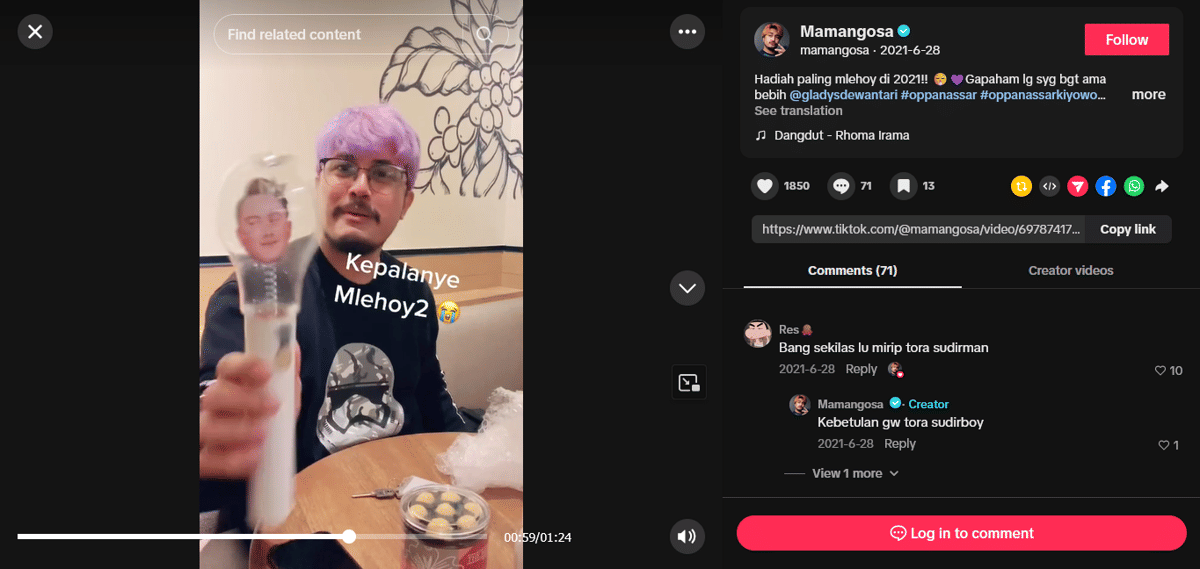Tangkapan layar unggahan TikTok dari akun Mamangosa yang membahas Nastar Bong dalam format video pendek.