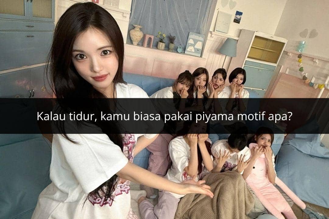 Para anggota Hearts2Hearts mengenakan piyama bermotif dalam potret kebersamaan dengan suasana santai.