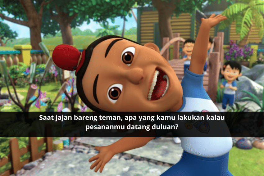 Cuplikan serial animasi Upin & Ipin dari kanal YouTube Les’ Copaque Production dalam sebuah adegan cerita.